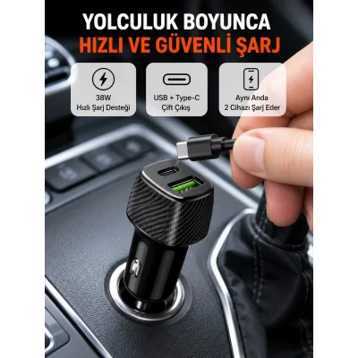 BUĞZ Kompakt Tasarımlı Type-C + USB Girişli Araç Şarj Başlığı