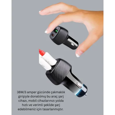 BUĞZ Kompakt Tasarımlı Type-C + USB Girişli Araç Şarj Başlığı - Lisinya