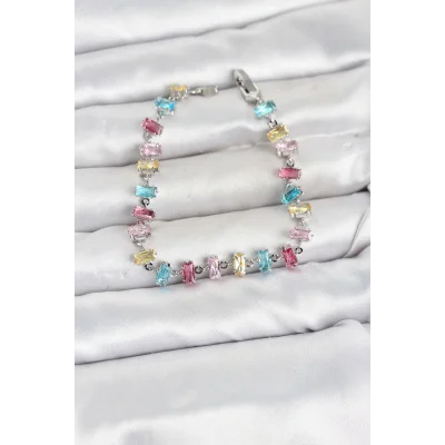 BUĞZ Kristal Taşlı Baget Kesimli Karışık Renkli Gümüş Renk Gema Kadın Bileklik