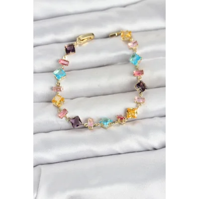 BUĞZ Kristal Taşlı Kesimli Karışık Renkli Gold Renk Gema Kadın Bileklik