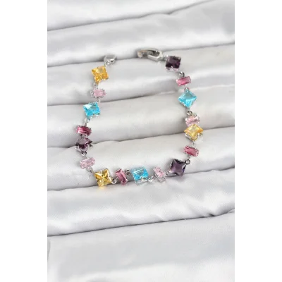 BUĞZ Kristal Taşlı Kesimli Karışık Renkli Gümüş Renk Gema Kadın Bileklik