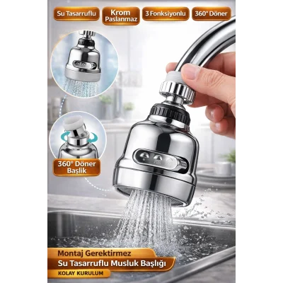 BUĞZ Krom 3 Fonksiyonlu 360° Döner Su Tasarruflu Musluk Başlığı Sıçrama Önleyici Batarya Ucu
