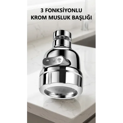 BUĞZ Krom 3 Fonksiyonlu Döner Musluk Ucu Mutfak ve Banyo İçin