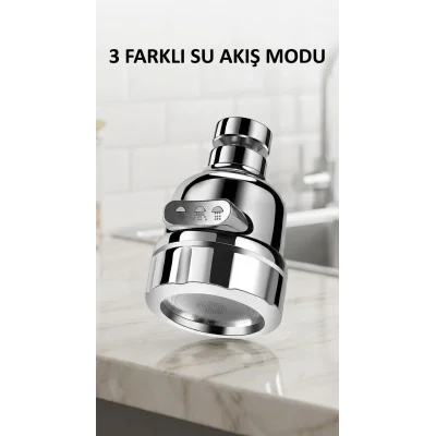 BUĞZ Krom 3 Fonksiyonlu Döner Su Tasarruflu Musluk Başlığı Mutfak ve Banyo