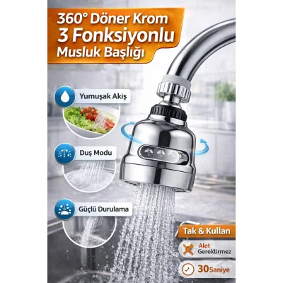 BUĞZ Krom 3 Fonksiyonlu Su Tasarruflu Musluk Başlığı Mutfak Çeşme Evye Batarya Ucu 360 derece Döner