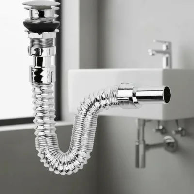 BUĞZ Krom Basmalı Sifon -Körüklü Sifon Bas Stoplu Lavabo Mutfak Sifonu-Paslanmaz