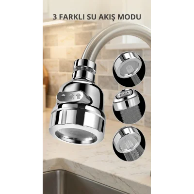BUĞZ Krom Döner 3 Fonksiyonlu Su Tasarruflu Musluk Başlığı Mutfak Lavabo Aparatı