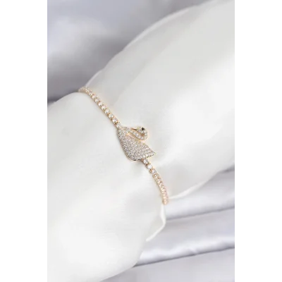 BUĞZ Kuğu Model Zirkon Taşlı Gold Renk Asansörlü Su Yolu Bileklik