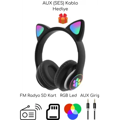 BUĞZ Kulak üstü Bluetooth 5.0 gri kedili kulaklık mikrofonlu FM radyo SD kart AUX RGB ışıklı