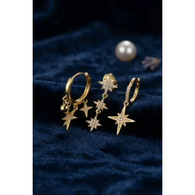 BUĞZ Kutup Yıldızı Model Gold Renk 3 lü Küpe Set