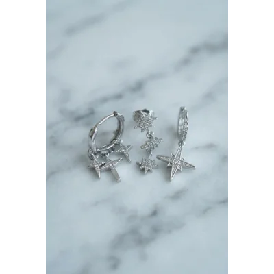 BUĞZ Kutup Yıldızı Model Gümüş Renk 3 lü Küpe Set