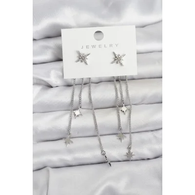 BUĞZ Kutup Yıldızı Model Gümüş Renk Pirinç Sallantılı Kadın Küpe