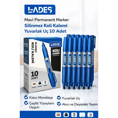 BUĞZ Lades Mavi Permanent Marker Silinmez Koli Kalemi Yuvarlak Uç 10 Adet