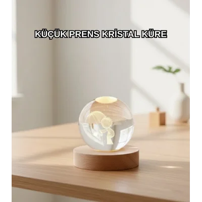 BUĞZ LED Aydınlatmalı 3D Küçük Prens Kristal Küre Ahşap Standlı Masa Gece Lambası