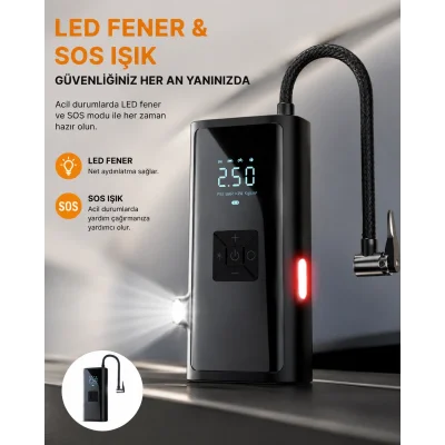 BUĞZ LED Fenerli ve SOS Işıklı Çok Fonksiyonlu Hava Kompresörü Yeni Nesil