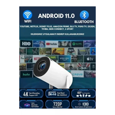 BUĞZ LED FULL HD projeksiyon cihazı 1920x1080 çözünürlük Bluetooth Android beyaz USB HDMI