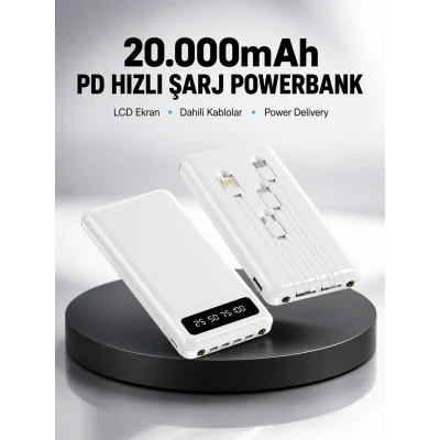 BUĞZ LED Işıklı 20.000mAh Powerbank LCD Gösterge Dahili Çoklu Kablo Yeni Nesil