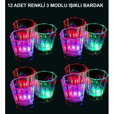 BUĞZ Led Işıklı Eğlence Bardakları - 3 Modlu Renk Değiştiren Bardak 12 Adet