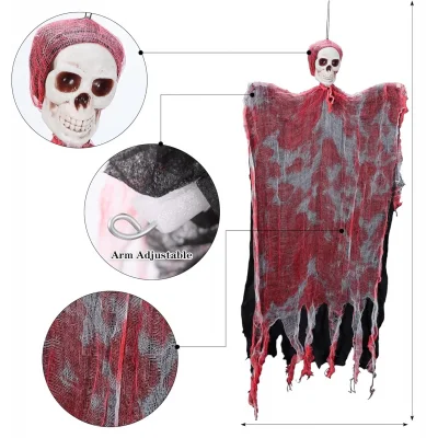  Led Işıklı Kahkaha Atan Sesli Sensörlü Ürpertici Kuru Kafa Kanlı Korku Hayalet Saçaklı Dekor 90x50 cm