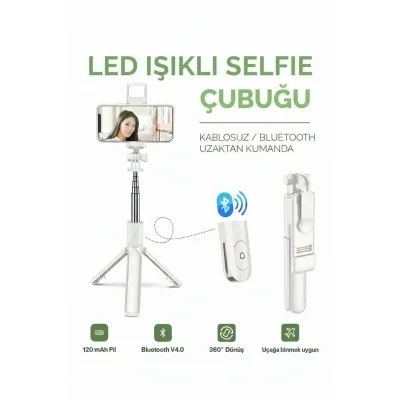 BUĞZ Led Işıklı Selfie Çubuğu Bluetooth Kumandalı Kablosuz Tripot Selfie Monopod Selfie Stick (Beyaz)
