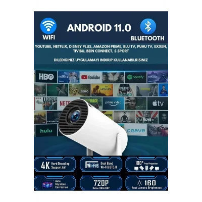 BUĞZ LED projeksiyon cihazı 4K çözünürlük 100000:1 kontrast Bluetooth Android 11 WiFi beyaz
