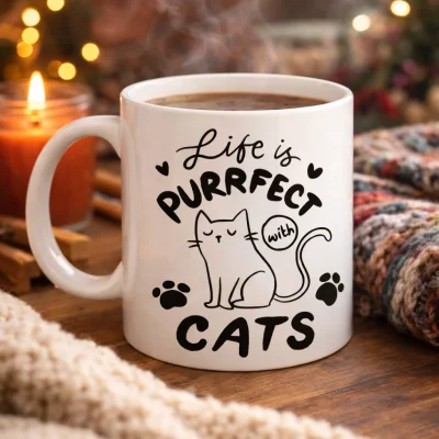 BUĞZ Life is Purrfect with Cats – Kedi Desenli Porselen Kupa MODEL 62 Sevimli Kedi Figürlü Kahve Kupası