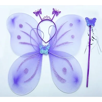 BUĞZ Lila Mor Kelebek Kız Seti – 50 Cm Kelebek Kanadı, Taç Ve Asa
