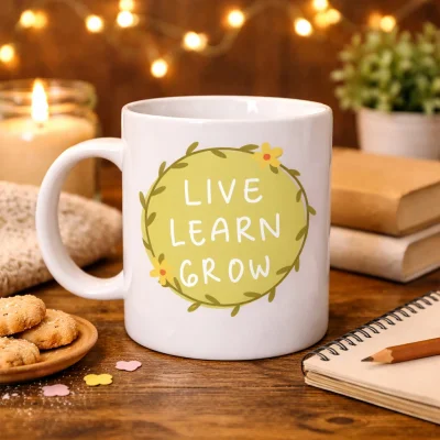 BUĞZ Live Learn Grow Motivasyon Kupası MODEL 133 – YAŞA , ÖĞREN , GELİŞ İlham Veren Tasarım, Porselen Kupa, Pozitif Mesajlı Kahve & Çay Kupası