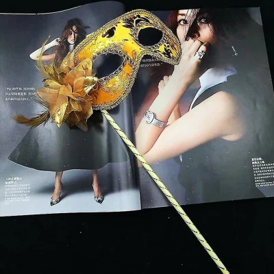 BUĞZ Lüks Taşlı Saplı Maskeli Balo Maskesi Altın Renk 35 Cm