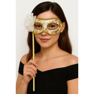 BUĞZ Lüks Taşlı Saplı Maskeli Balo Maskesi Beyaz Renk 35 cm