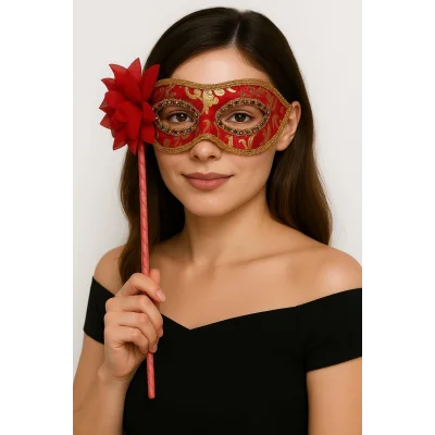 BUĞZ Lüks Taşlı Saplı Maskeli Balo Maskesi Kırmızı Renk 35 cm