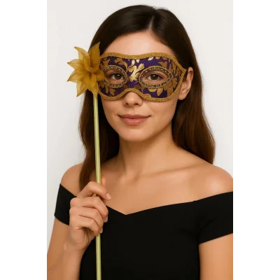 BUĞZ Lüks Taşlı Saplı Maskeli Balo Maskesi Mor Renk 35 cm