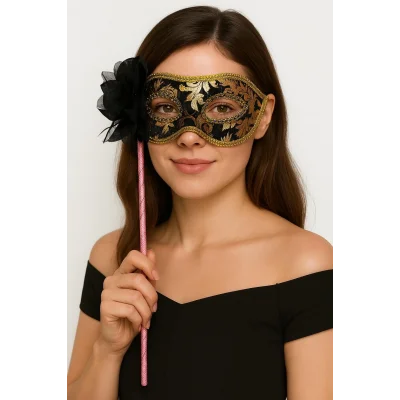  Lüks Taşlı Saplı Maskeli Balo Maskesi Siyah Renk 35 cm