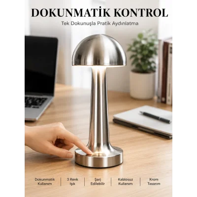 BUĞZ Mantar Masa Lambası Dokunmatik 3 Renk Işık Şarjlı Kablosuz Modern Krom Tasarım Yeni Nesil