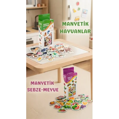 BUĞZ Manyetik Eğitici Set 30 Parça Hayvan 26 Parça Sebze Meyve Magnet Oyuncak