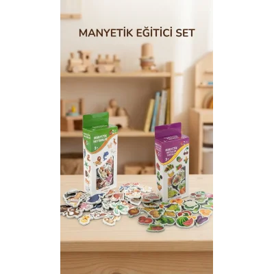 BUĞZ Manyetik Mıknatıslı Eğitici Oyuncak Seti 56 Parça Hayvanlar Sebze Meyveler