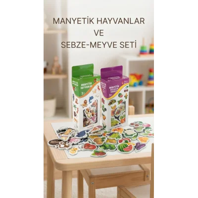 BUĞZ Manyetik Oyuncak Set Hayvanlar Sebze Meyve Magnetli 56 Parça
