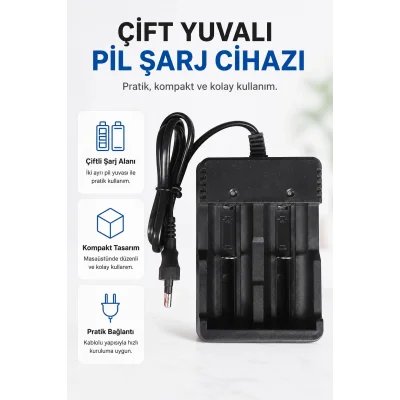 BUĞZ Masaüstü Pil Şarj Cihazı Çift Yuvalı Kablolu Kompakt Tasarımlı Şarj Aleti