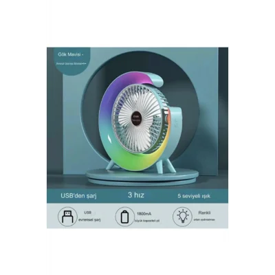 BUĞZ Masaüstü Vantilatör Usb Şarjlı Rgb Led Işıklı 3 Kademeli 180° Ayarlanabilir Soğutucu Fan Mavi