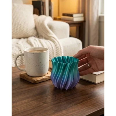 BUĞZ Mavi Degrade Kıvrımlı 3D Vazo Minimal Modern Ev Dekoru