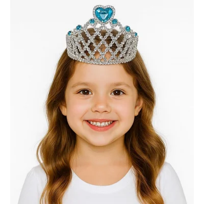 BUĞZ Mavi Kalpli Gümüş Renk Kraliçe Tacı Prenses Tacı