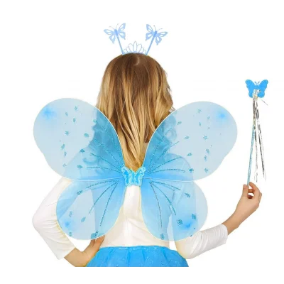 BUĞZ Mavi Kelebek Erkek-kız Seti – 50 Cm Kelebek Kanadı, Taç Ve Asa