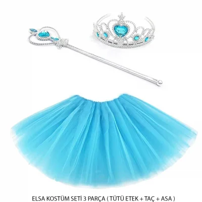 BUĞZ Mavi Prenses Elsa Kostüm Seti 3 Parça (tütü Etek + Taç + Asa )