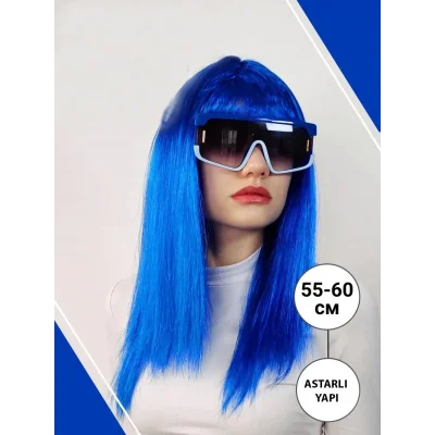 BUĞZ Mavi Renk Uzun Parti Peruğu