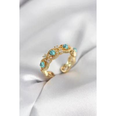 BUĞZ Mavi Taşlı Gold Renk Vintage Kadın Yüzük