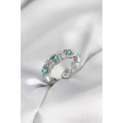 BUĞZ Mavi Taşlı Gümüş Renk Vintage Kadın Yüzük