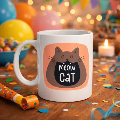 BUĞZ Meow Cat – Sevimli Kedi Tasarımlı Porselen Kupa MODEL 66 Eğlenceli Kahve & Çay Kupası Hediyelik