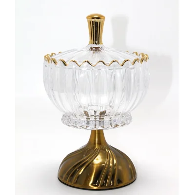 BUĞZ Metal Ayaklı Kristal Cam Şekerlik Gold Detaylı Sunumluk