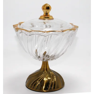 BUĞZ Metal Ayaklı Kristal Cam Şekerlik Gold Detaylı Sunumluk