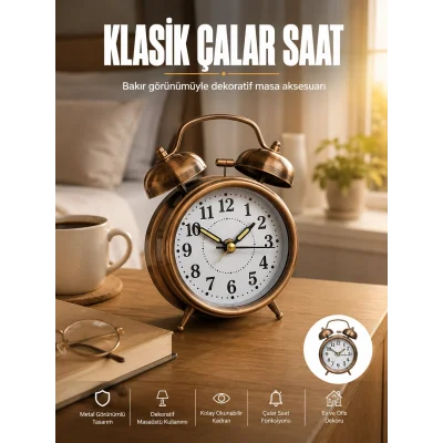 BUĞZ Metal Bronz Nostaljik Masa Saati Alarmlı Büyük Boy Sessiz Mekanizmalı